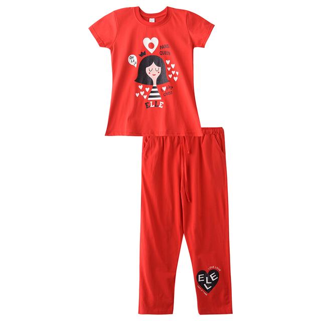 Genius - 2pc-Set - Girl Print Half Sleeve T-shirt With Pants - Red