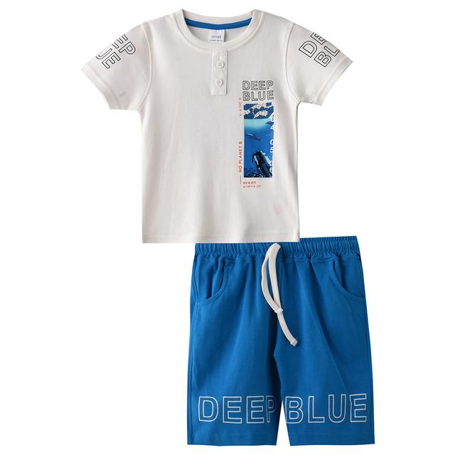 Genius - 2pc-Set - Boy Half Sleeve T-shirt With Bermuda - White/Dark Blue