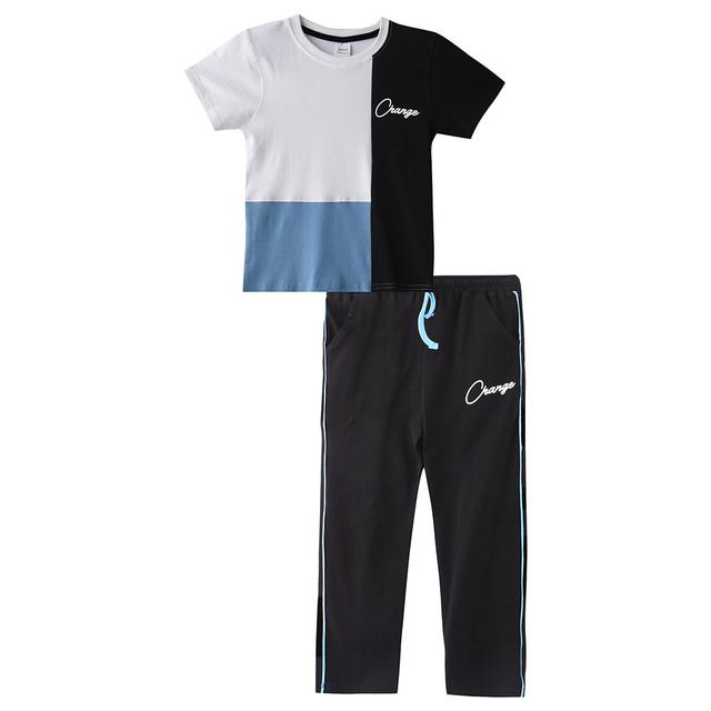 Genius - 2pc-Set - Boy Half Sleeve T-shirt With Pants - White/Black/Blue