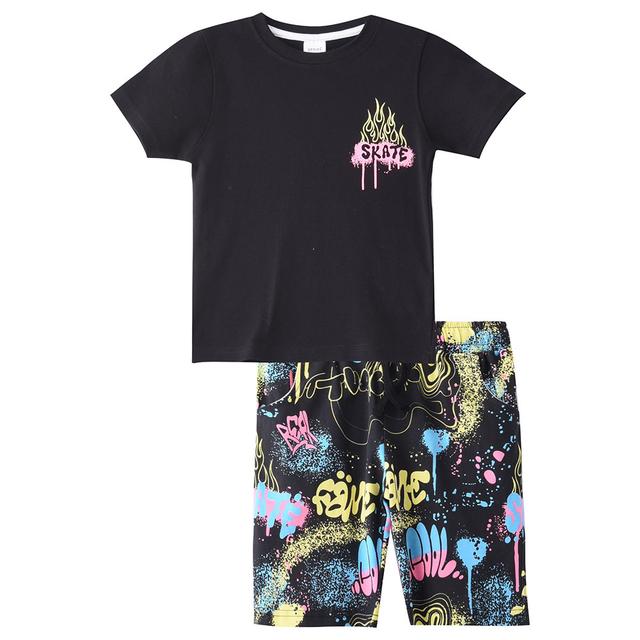 Genius - 2pc-Set - Boy Printed Half Sleeve T-shirt With Bermuda - Black