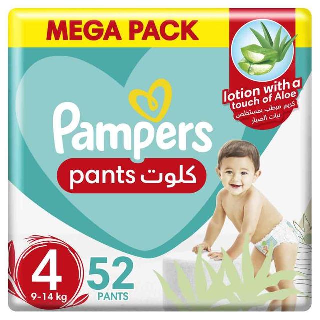 Pampers Baby-Dry Pants diapers, Size 4, 9-14 kg, Easy On & Easy Off, With Stretchy Sides for Better Fit and Up to 100% Leakage Protection Over 12 Hours, 52 Baby Diapers