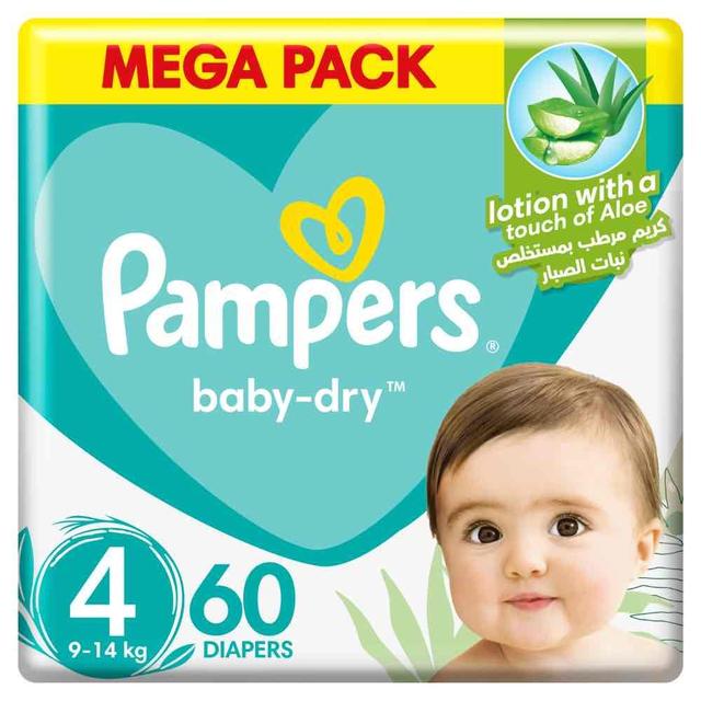 Pampers Baby-Dry Diapers, Size 4, 9-14kg, Up to 100% Leakage Protection Over 12 Hours and Bigger, Wider Sides for Comfort, 60 Baby Diapers