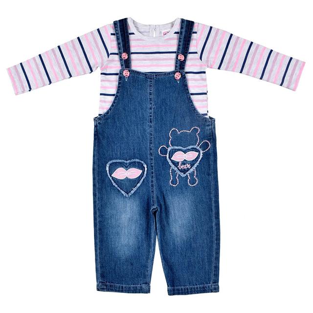 Smart Baby - 2pc-Set - Baby Girl Shirt And Long Dungaree - Stripes