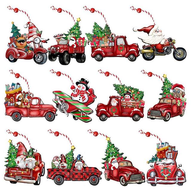 Highland - Christmas Truck Wooden Tree Ornaments - 24pcs