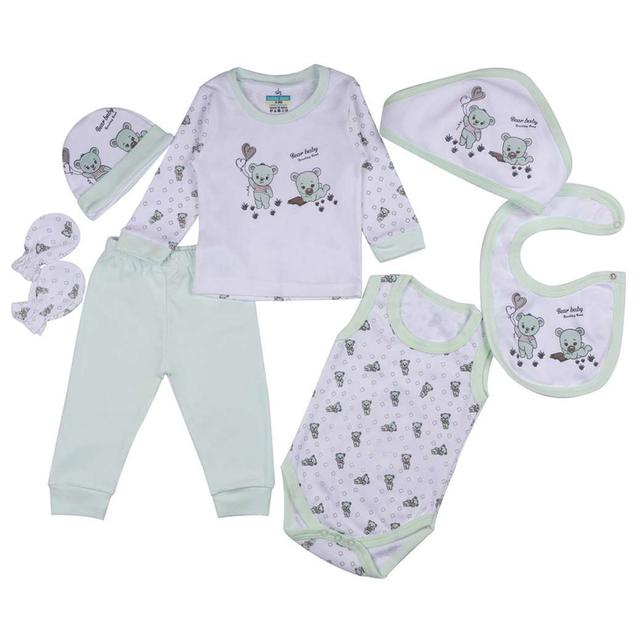 Babies Basic - 7pc-Set - Unisex 100% Cotton Gift Box - Green Bear