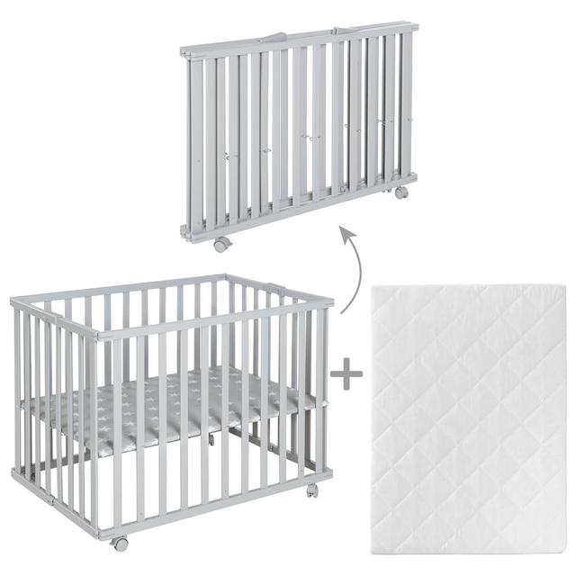 Roba - Foldable Wooden Playpen W/ Mattress 74x100cm - Taupe