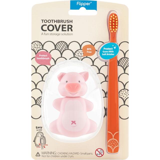 Filpper - Fun Animal Toothbrush W/ Holder for Kids - Pig (Colour May Vary)