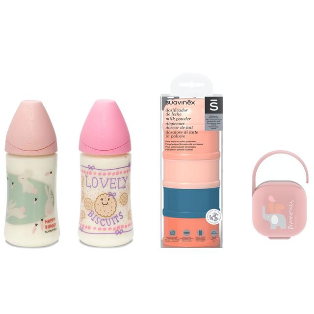 Suavinex - Bundle Pink Bottle Set,Duo Soother Holder Plus Milk Container