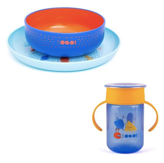 Suavinex Plate + Bowl Booo + Suavinex 360ml Cup Booo - Blue