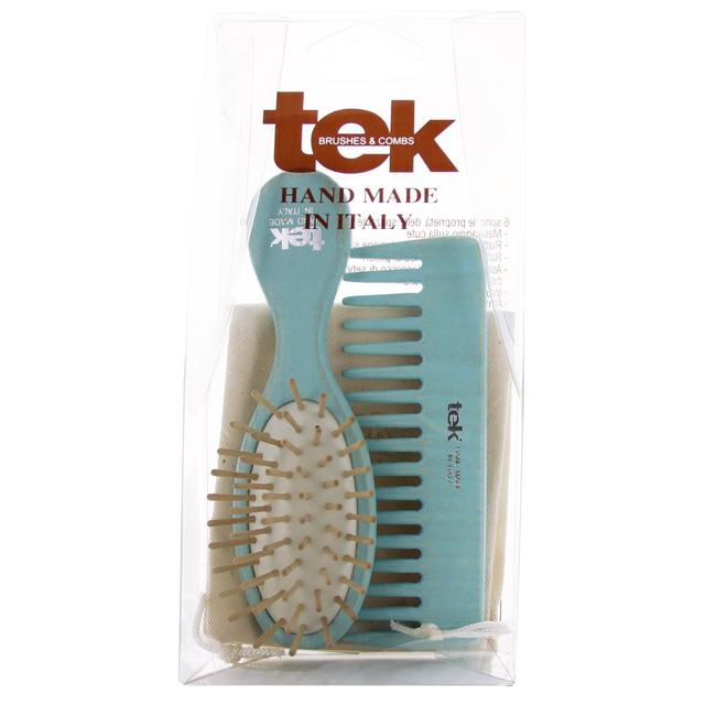 Tek - Oval Wooden Brush & Comb With Cotton Bag - Light Blue