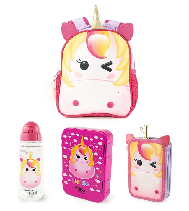 Rainbow Skool - Unicorn Set of 4 - Toddler - Backpack, Stationary Bag, Lunchbox & Tritan Water Bottle