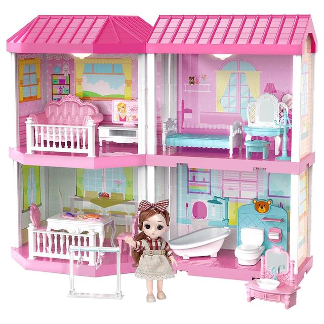 Fitto - 4 Rooms Cute 2 Story Dollhouse Playset - Pink