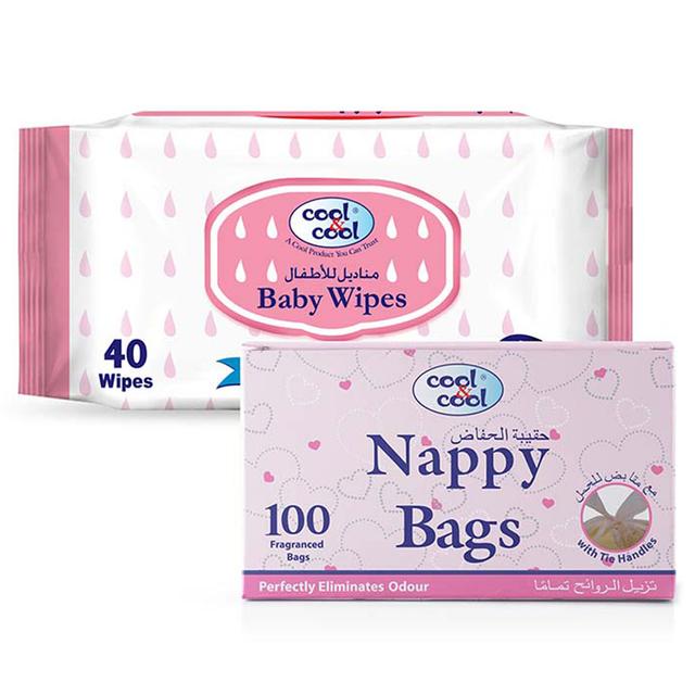 Cool & Cool - Nappy Bags 100's + Baby Wipes 40's Pack