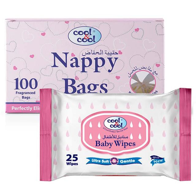 Cool & Cool - Nappy Bags 100's + Baby Wipes 25's Pack