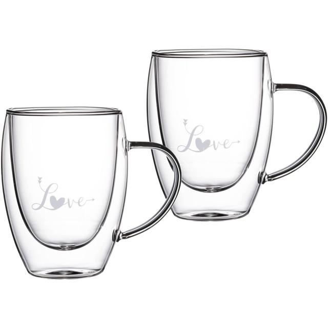 1Chase - Double Wall "LOVE" Printed Glass Mug with Handle 350 ml Pack Of 2