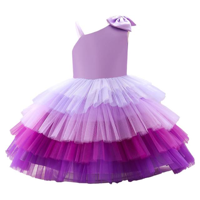 Ddaniela - Girls Bow Front Side Layered Dress - Purple