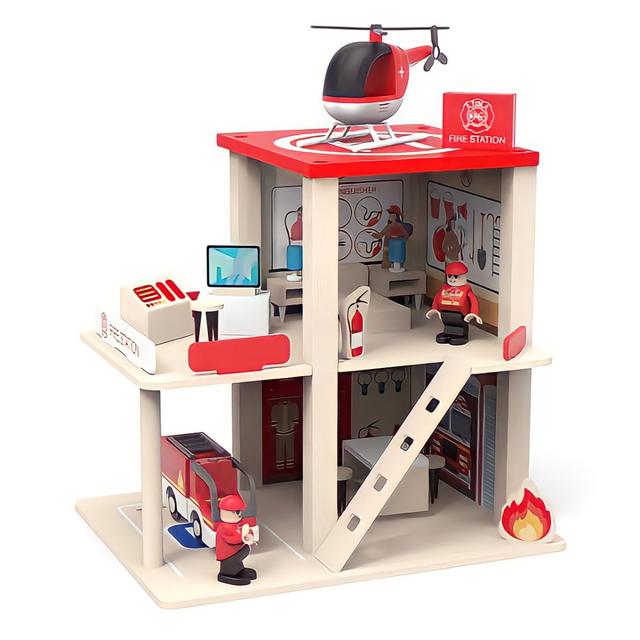 Factory Price -Finleys Pretend Play Wooden Fire Station & Police Station - Red