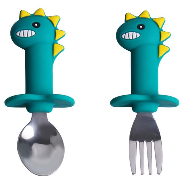 Brain Giggles - Short Handle Fork/Spoon Set Dinasour - Blue