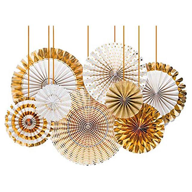 Brain Giggles - Hanging Paper Fans Decoration Set of 8pcs Gold