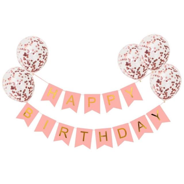 Highland - Pink Happy Birthday Banner & Rose Gold Confetti Balloon 9pc