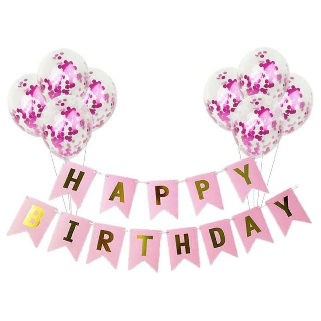 Highland - Pink Happy Birthday Banner & Confetti Balloon Set for Girl's 9pc