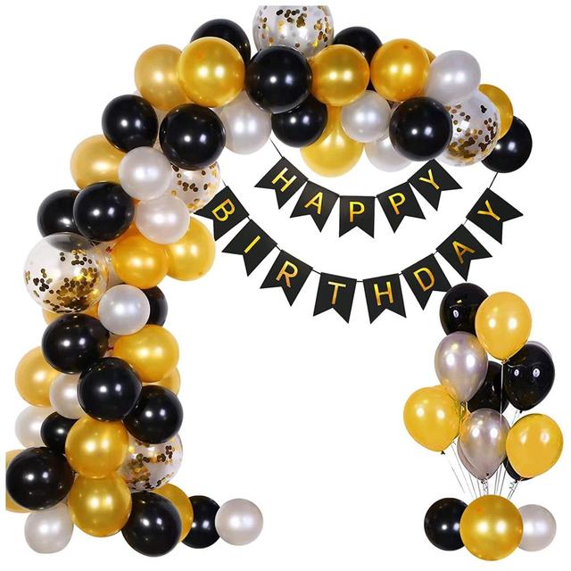 Highland - Black Happy Birthday Banner & Black, Gold, Silver Balloons 41pc