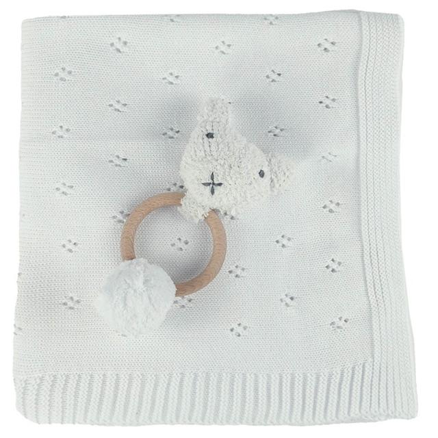 Bumble & Bird - Cozy Cocoon Knitted Blanket With Rattle - White