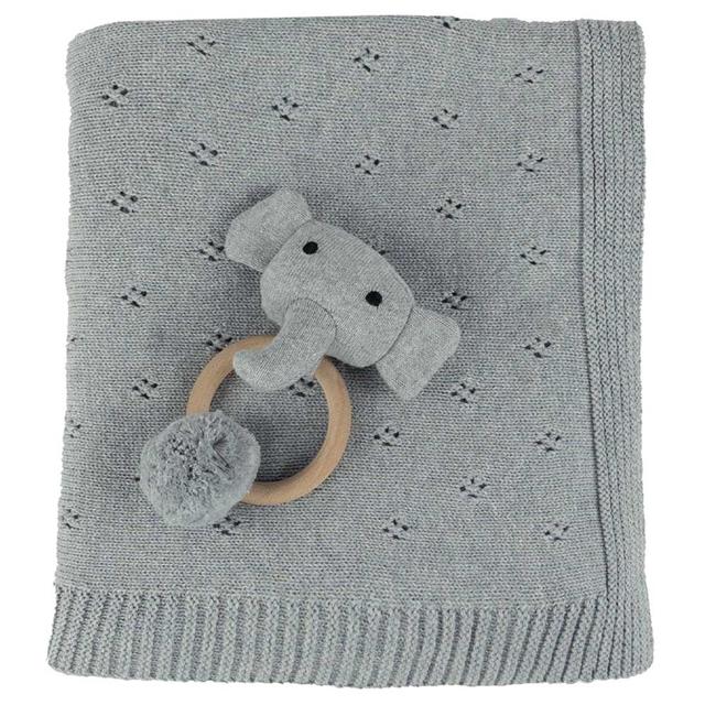 Bumble & Bird - Cozy Cocoon Knitted Blanket With Rattle - Grey