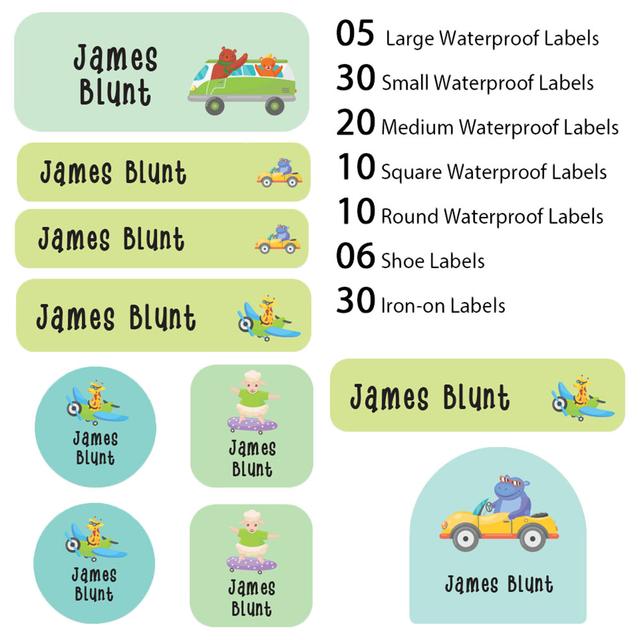 My Labels - Shoe & Iron On Waterproof Labels - Animals In Vehicle