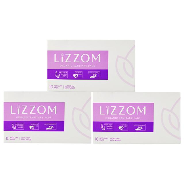 Lizzom Organic Ultrathin With Wings 30 Regular Pads, Saver Pack of 3 (Biodegradable)