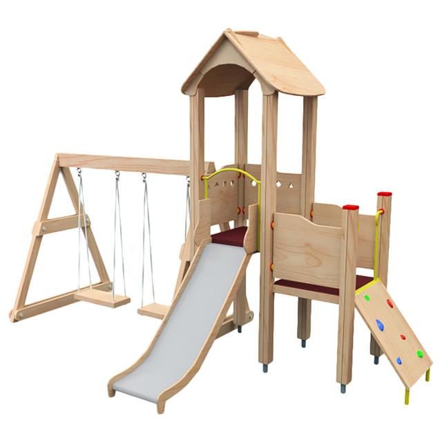 Moon Kids Wooden Playhouse W/ Platform, Slide & Double Swing