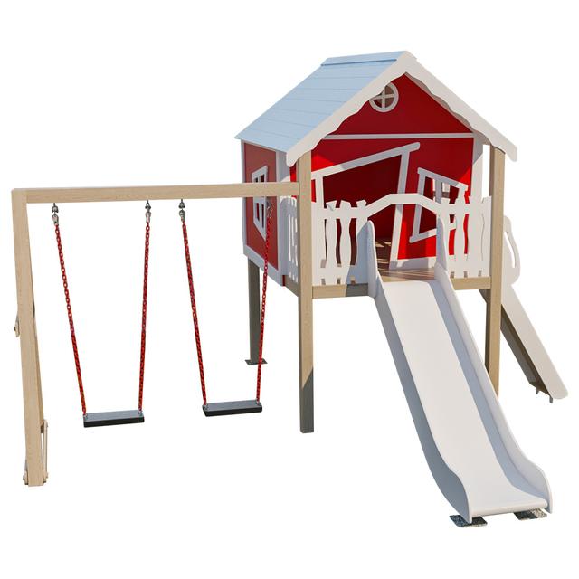 Moon Kids - Playhouse W/ Wall Ramp, Slide & Double Swing