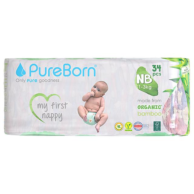 Pureborn New Born Single 1-3kg 34's Nappy 1 x 6 Bundle - Assorted