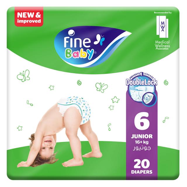 Fine Baby Diapers, DoubleLock Technology, Size 6, Junior 16kg+, Economy Pack, 20 Count