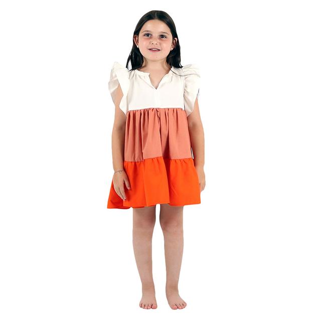 Oh9Shop - 3 Tiered Color Blocking Kids Dress - Orange