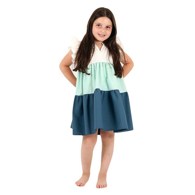 Oh9Shop - 3 Tiered Color Blocking Kids Dress - Mint