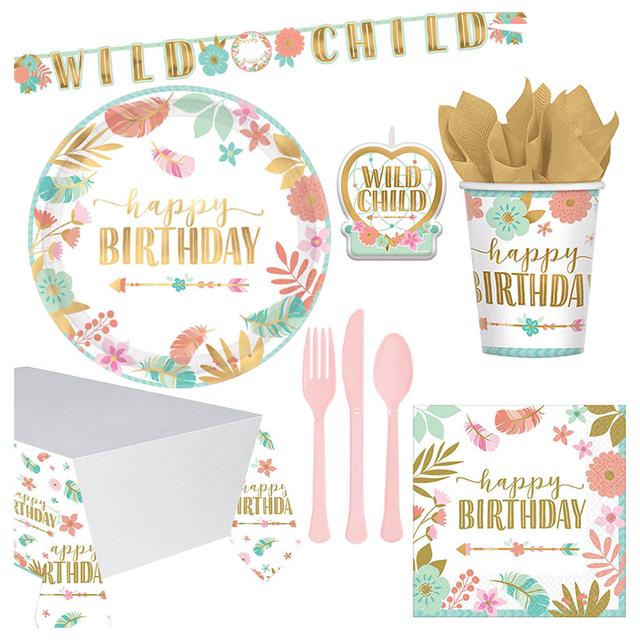 Party Center - Boho Birthday Tableware Supplies For 8 Guests