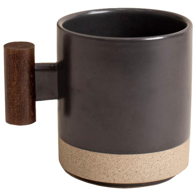 Prickly Pear Wooden Handle 350ml Black Porcelain Coffee Mug 