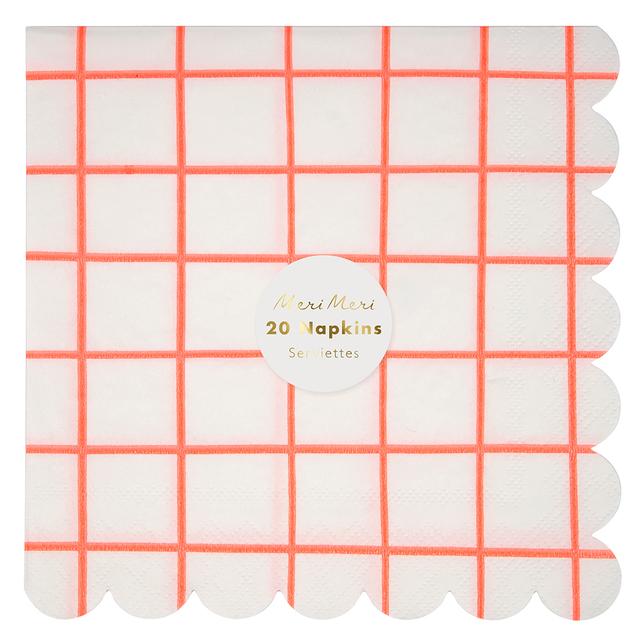 Meri Meri - Neon Coral Grid Napkins 20pcs - Large - Coral