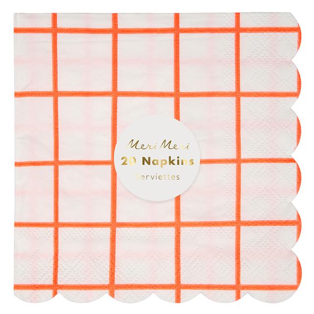 Meri Meri - Neon Coral Grid Napkins 20pcs - Small - Coral