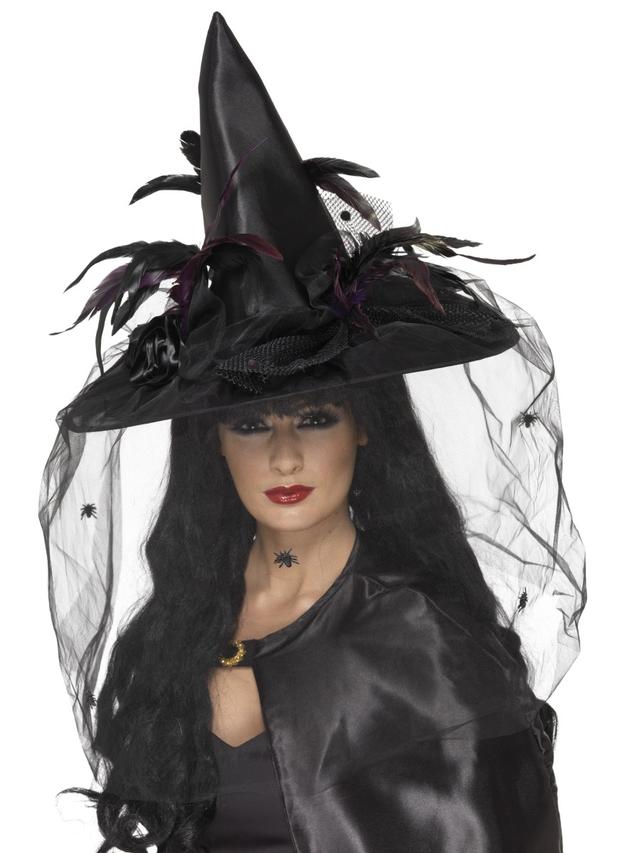 Smiffys - Witch Hat Feathers & Netting Black