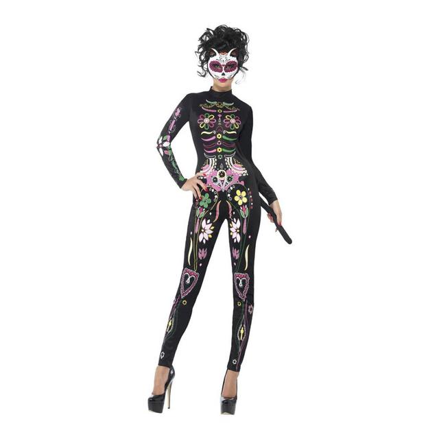 Smiffys - Sugar Skull Cat Costume w/Printed Bodysuit - Black