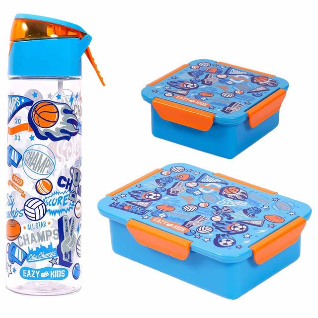 Eazy Kids - Soccer Lunch Box & Water Bottle 750ml W/ Snack Box - Blue