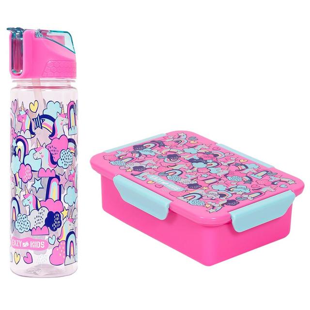 Eazy Kids - Unicorn Lunch Box & Water Bottle W/ Lid & Sipper 650ml