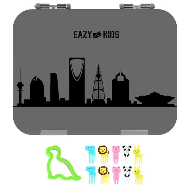 Eazy Kids 4 Compartment Bento Lunch Box w/ Sandwich Cutter Set-Skyline Saudi Grey