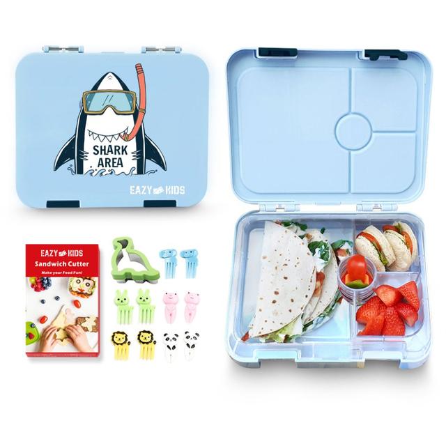 Eazy Kids 4 Compartment Bento Lunch Box w Sandwich Cutter Set Shark Blue