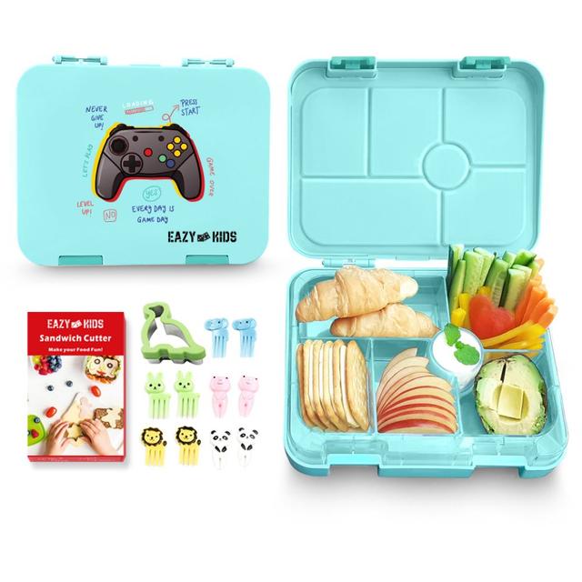 Eazy Kids 6 Compartment Bento Lunch Box w Sandwich Cutter Set-Playstation Green