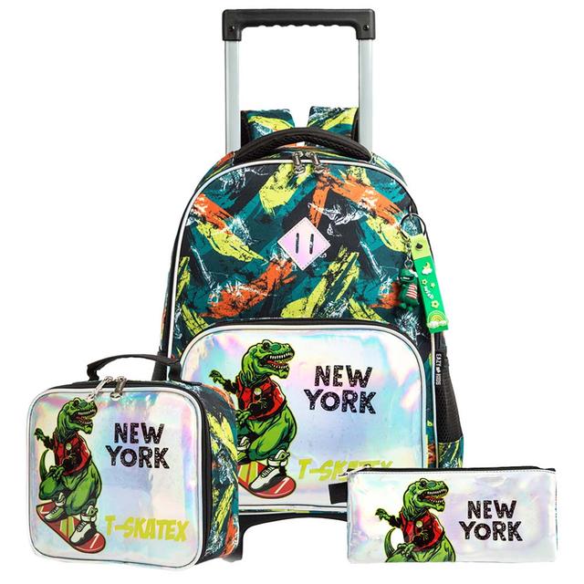 Eazy Kids - Trolley Bag 16-Inch w/ Lunch Bag & Pencil Case - Dinosaur Green