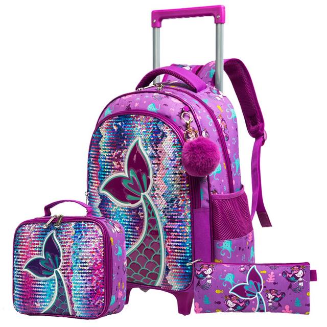 Eazy Kids - Trolley Bag 16-Inch w/ Lunch Bag & Pencil Case - Mermaid Purple