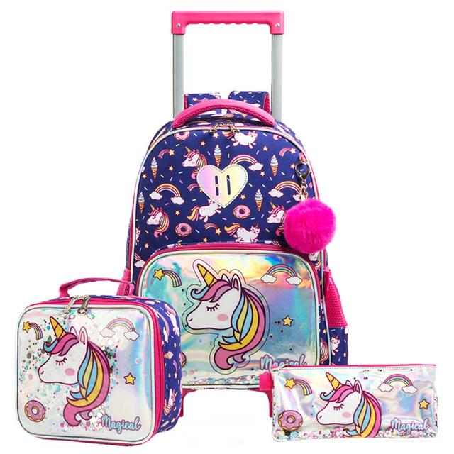 Eazy Kids - Trolley Bag 16-Inch w/ Lunch Bag & Pencil Case - Unicorn Blue